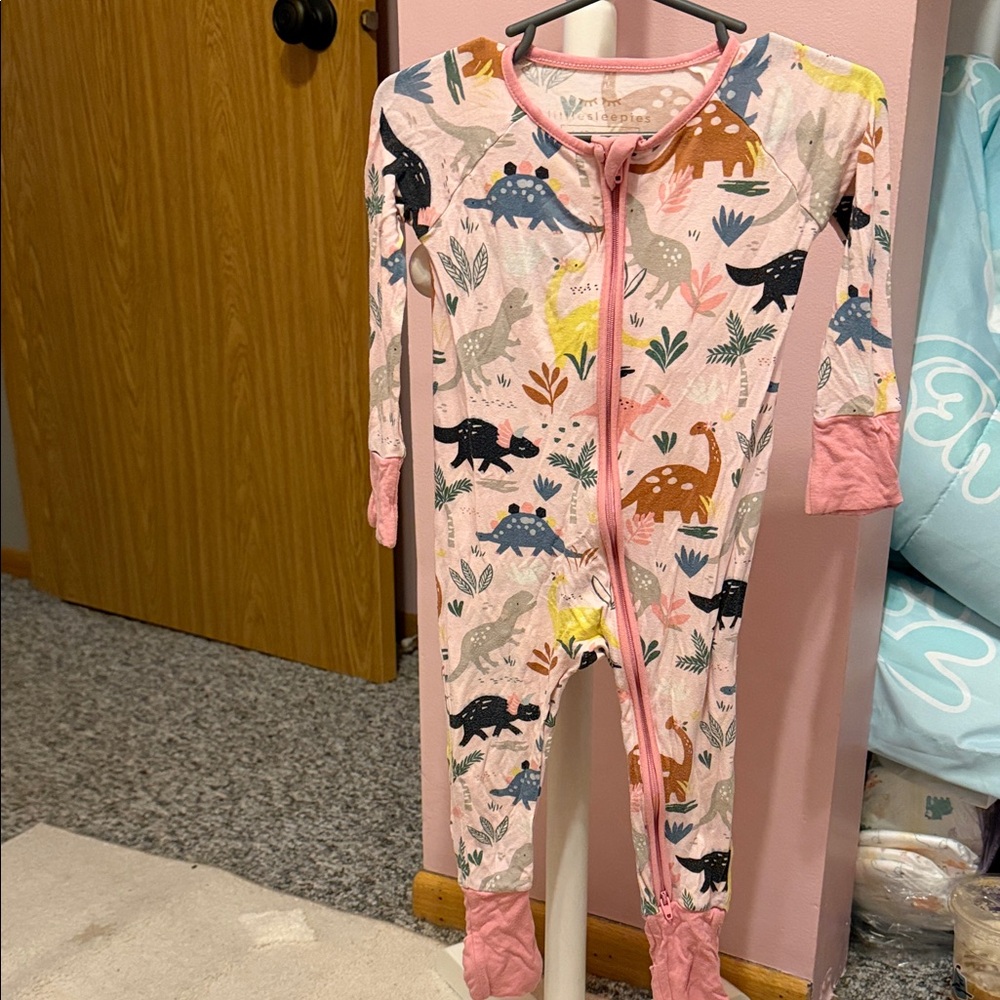 Little Sleepies Pink Footed One-Piece with Multicolor Dinosaur Print